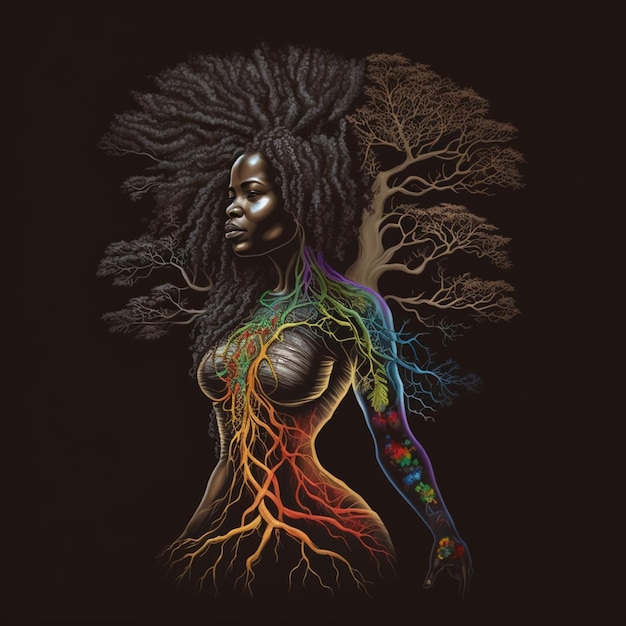 Arafed Frau mit einem Baum des Lebens und einem Körper in verschiedenen Farben gemalt generative ai