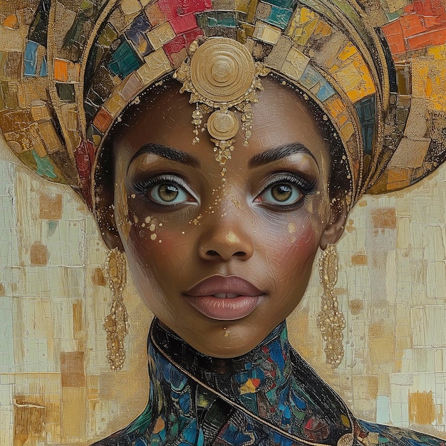 Arafed-Frau mit farbenfroher Kopfbedeckung und einer goldenen Halskette