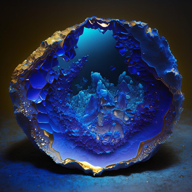 Arafed-Glasskulptur eines generativen Objekts in Blau und Gold