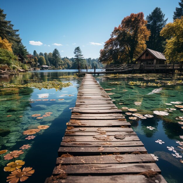 Arafed Holzbrücke über einen See mit Seerosen und einer Hütte im Hintergrund generative KI