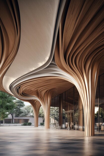 Arafed Holzkonstruktion mit gekrümmten Säulen und einer Glaswand generative ai