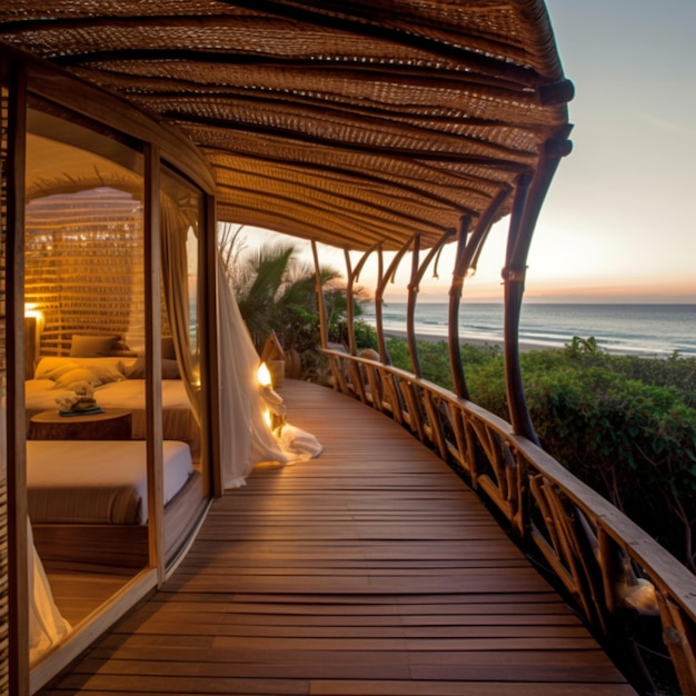 Arafed-Holzsteg, der zu einem Schlafzimmer mit Blick auf den Ozean führt