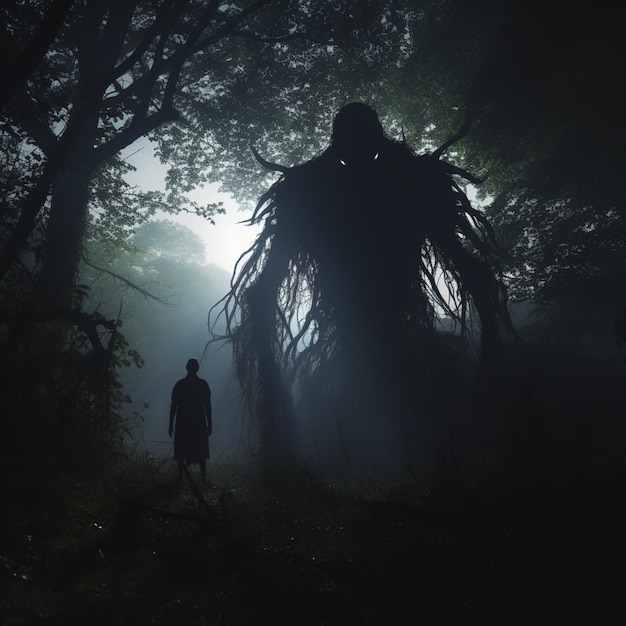 Arafed hombre parado en la oscuridad en un bosque con un árbol gigante ai generativo