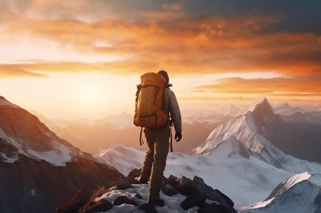 Arafed hombre de pie en la cima de una montaña con una mochila generativa ai