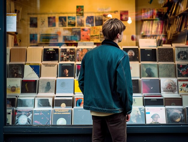 Foto arafed homem olhando para uma exibição de cds em uma vitrine generativa ai