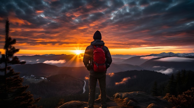 Arafed homem parado no topo de uma montanha olhando para o pôr do sol generativo ai