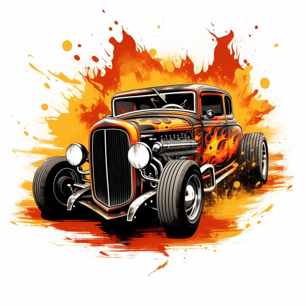 Arafed Hot Rod Auto mit Flammen und Farbe Spritzer auf einem weißen Hintergrund generative ai