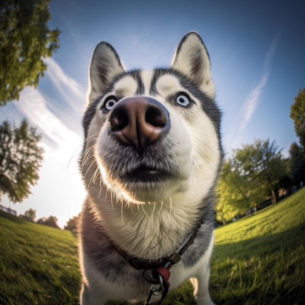 Arafed-Hund mit Halsband, der in die Kamera schaut