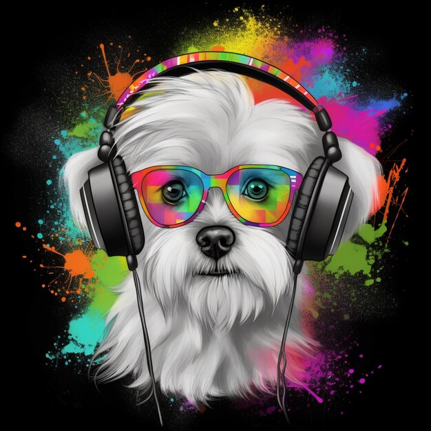 Arafed-Hund mit Kopfhörern und Brille mit regenbogenfarbener Farbspritzer-generativer KI