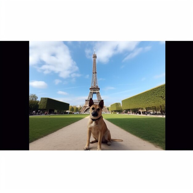 Arafed-Hund sitzt vor dem Eiffelturm