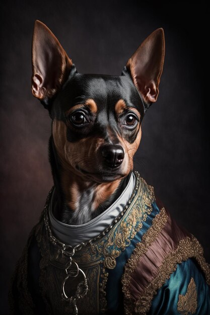 Arafed-Hund trägt ein blau-goldenes Kleid mit einem generativen Halsband