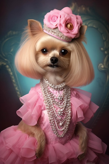 Arafed-Hund trägt ein rosa Kleid und eine Krawatte mit generativen Perlen