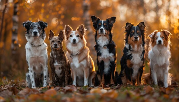 Arafed Hunde sitzen in einer Reihe im Wald im Herbst generative ai