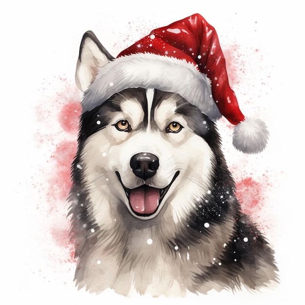 Arafed Husky-Hund, der eine Weihnachtsmütze mit Schneeflocken trägt, generative KI