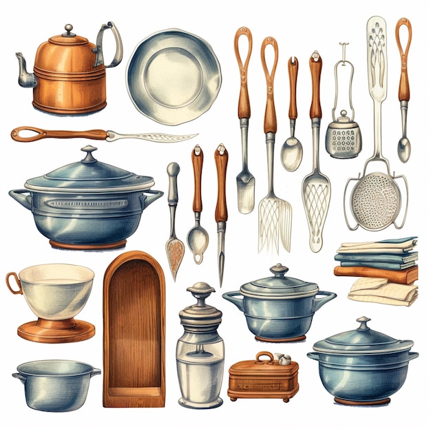 arafed Illustration einer Vielzahl von Küchenutensilien und Kochutensilien generative ai