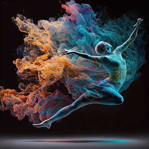 Foto arafed imagen de una bailarina en un vestido colorido saltando generativo ai