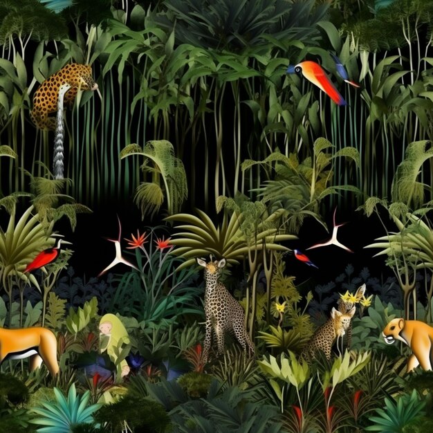 arafed imagen de una selva con una gran cantidad de animales y aves generativo ai