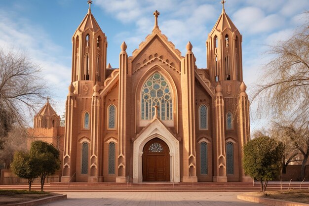 Arafed-Kirche mit einem Glockenturm und einer großen Uhr an der Vorderseite