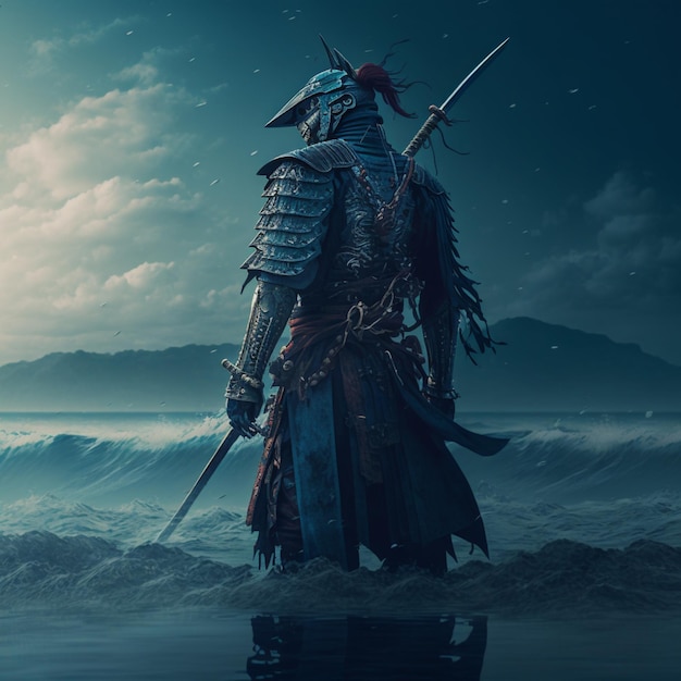 Arafed-Krieger steht auf einem Felsen mitten im Ozean, generative KI