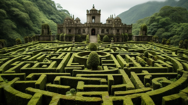 Arafed-Labyrinth mitten in einem Garten mit einem Schloss im Hintergrund generative KI