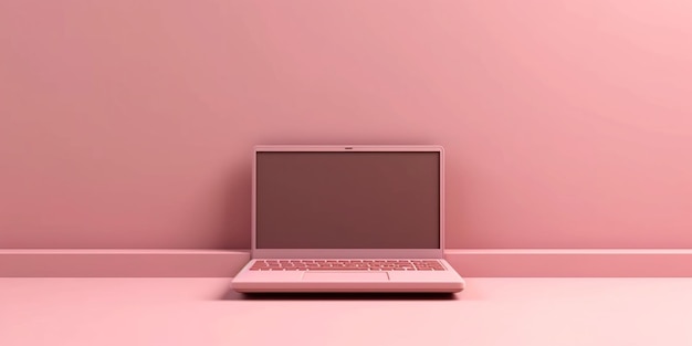 Arafed-Laptop-Computer auf einer rosa Oberfläche mit einer rosa Wand