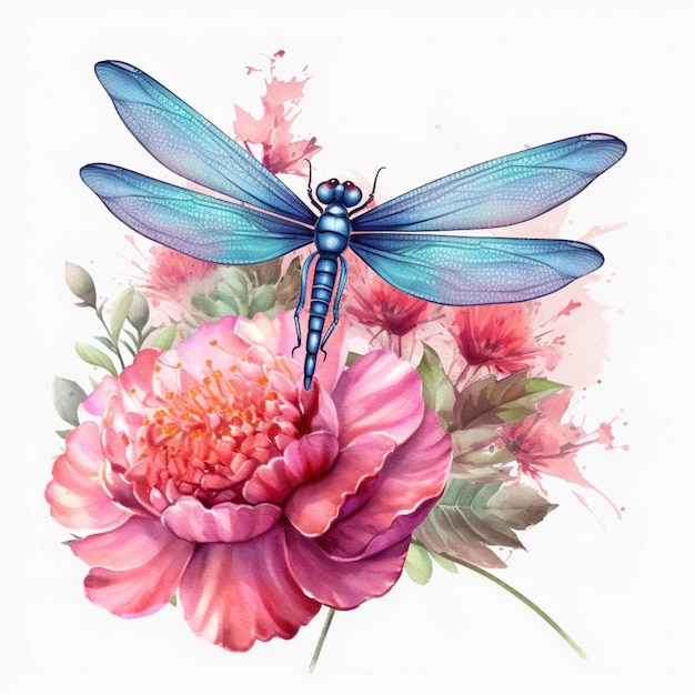 Arafed Libelle sitzt auf einer Blume mit Aquarell Spritzer generative ai