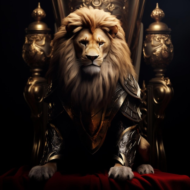 Arafed Löwe in Rüstung sitzt auf einem Thron mit einem roten Samt Kissen generative ai