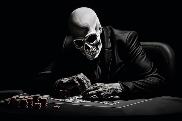 Arafed Mann in Anzug und Maske spielt Karten an einem Tisch generative KI