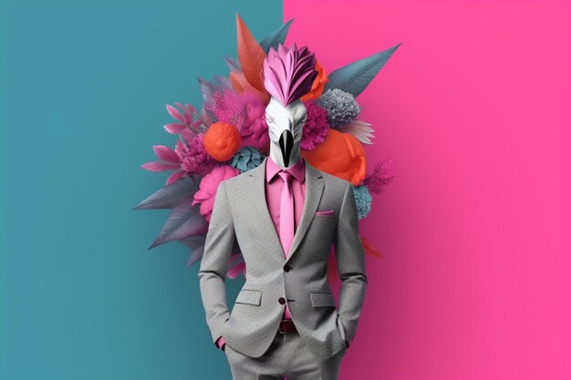 Arafed Mann in einem Anzug mit einer Vogelmaske und Blumen generative ai