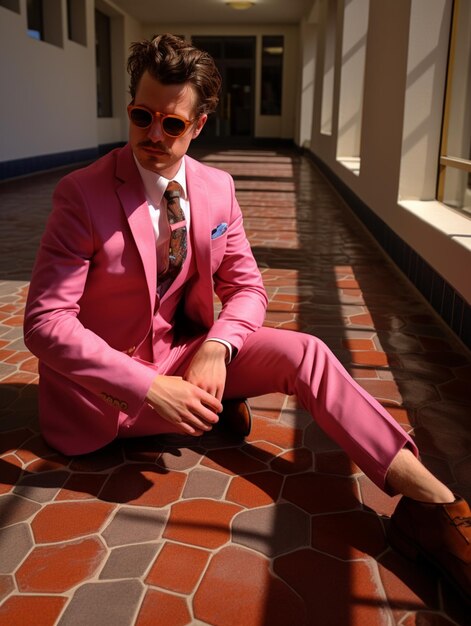 Arafed Mann in einem rosa Anzug und Krawatte sitzt auf einem Fliesenboden generative ai