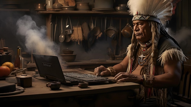 Arafed-Mann in einheimischer Kleidung sitzt an einem Tisch mit einem Laptop. Generative KI