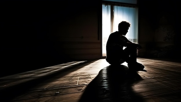 Arafed-Mann sitzt in einem dunklen Raum mit einem Fenster. Generative KI