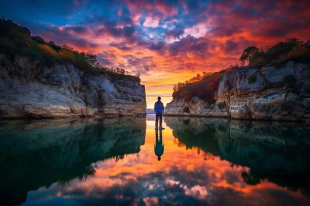 Foto arafed mann steht vor einem gewässer mit einem sonnenuntergang im hintergrund generative ki