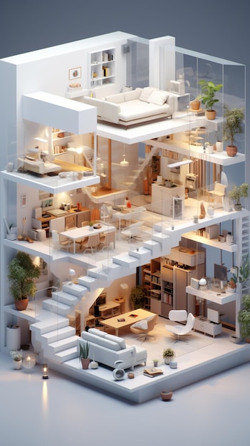 arafed Modell eines Hauses mit einer Treppe und einem Wohnzimmer