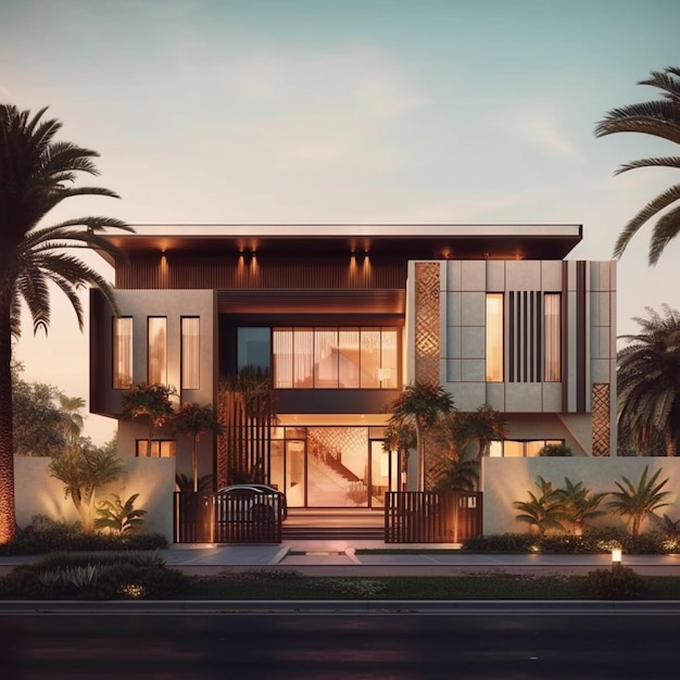 Arafed modernes Haus mit Palmen und einer Treppe, die zur generativen KI der Haustür führt