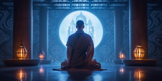 Arafed-Mönch sitzt in einer Meditationsposition vor einer generativen Vollmond-KI