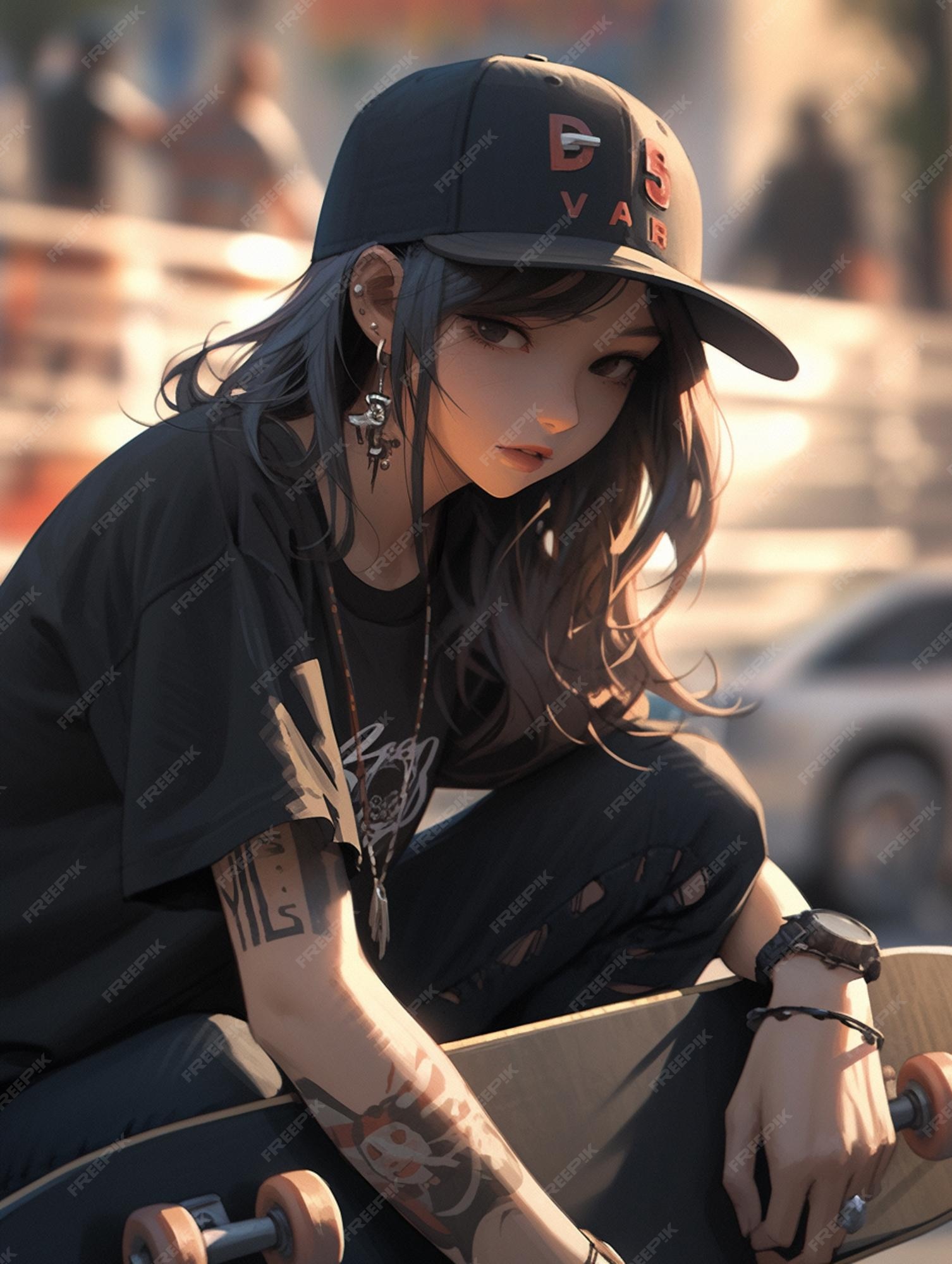 Garota de anime sentada em um skate com um capacete em generative ai