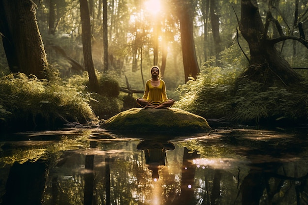 Arafed mulher sentada em uma rocha em uma floresta com um rio generativo ai