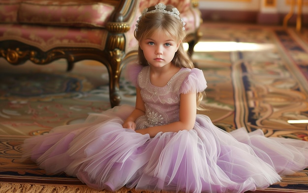 Foto arafed niña pequeña en un vestido sentado en el suelo generativo ai