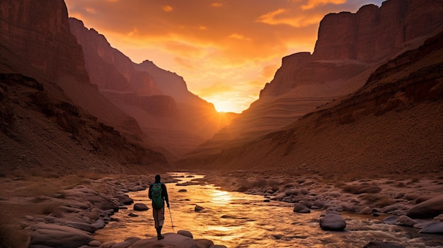 Arafed Person geht über einen Fluss in einer Schlucht bei Sonnenuntergang generative ai