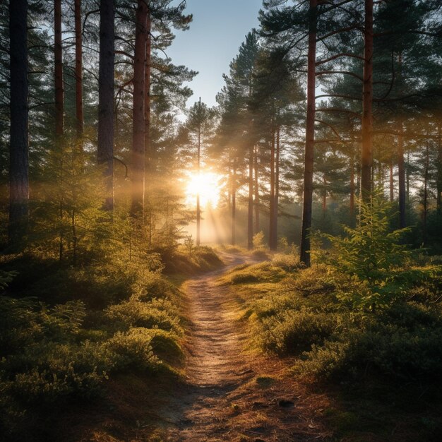 Arafed Pfad im Wald mit Sonne durch die Bäume glänzt generative ai