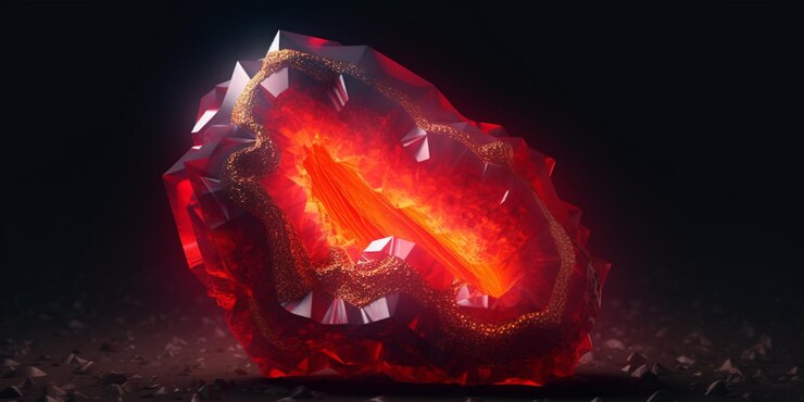 Foto arafed piedra roja con un centro brillante rodeado de rocas ai generativo