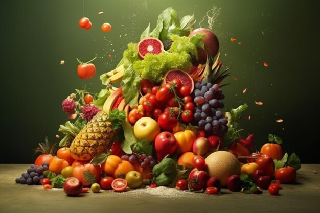 Arafed pilha de frutas e legumes com folhas caindo e frutas generativas ai
