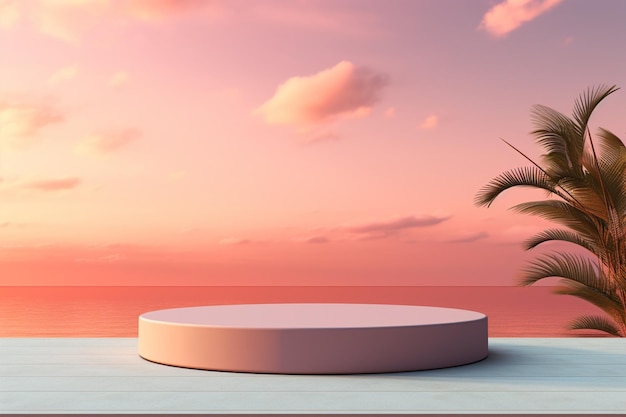 Arafed-Plattform mit einer Palme und einem Sonnenuntergang im Hintergrund generative ai