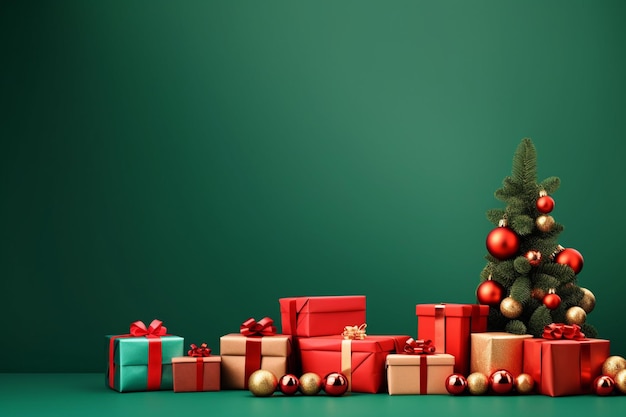 Arafed presentes de Natal e uma árvore de Natal em um fundo verde generativo ai