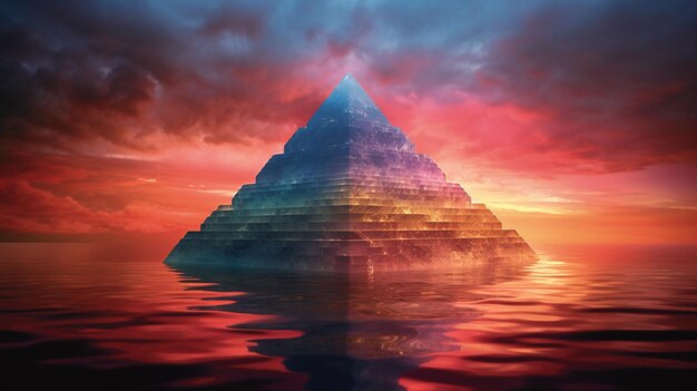 arafed Pyramide von Wasser mit einem Sonnenuntergang im Hintergrund generative ai