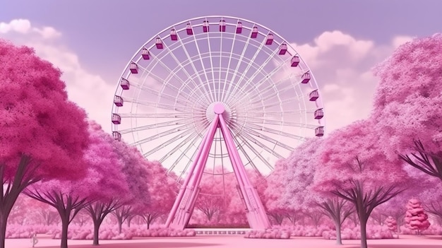 Arafed roda gigante em um parque com árvores cor-de-rosa e um banco generativo ai