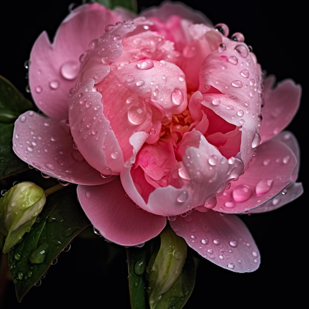 Arafed rosa Blume mit Wassertropfen auf einem schwarzen Hintergrund generative ai