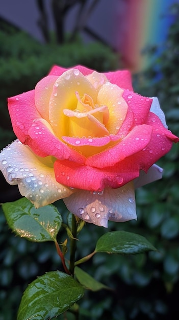 Arafed Rose mit Wassertropfen darauf vor einem Regenbogen generative ai