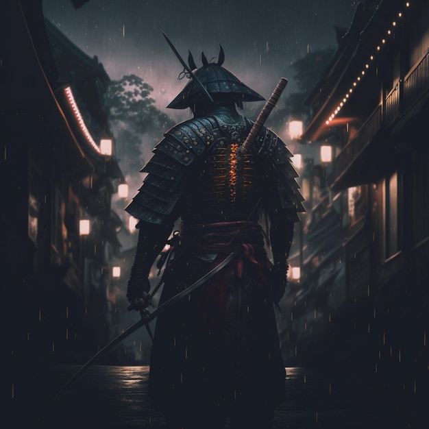 Arafed Samurai, der mit einem Schwert generativer KI im Regen spaziert